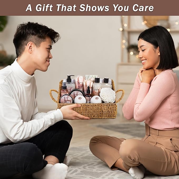 Bath Spa Gift Sets - Luxury Basket With Coconut & Vanilla - Spa Kit Includes Wash, Bubble Bath, Lotion, Bath Salts, Body Scrub, Shower Puff, Bathbombs, Soap and Towel