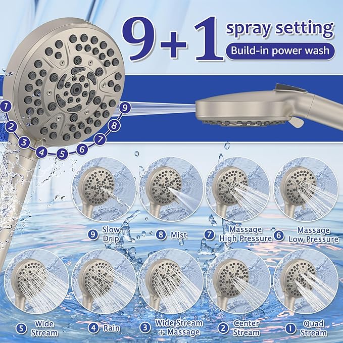 Iriber Brushed Nickel Bathtub Shower Faucet Set，Bathroom Shower System with Tub Spout ，Filtered Shower Head with Handheld, 9 Spray Mode Showerhead,Shower Valve Trim Kit Contain Cartridge,10 Inch
