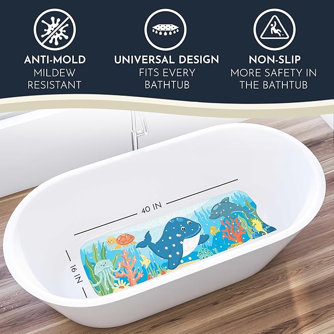 Bath Tub Mat Non Slip Anti Mold for Kids BPA Free INCL Hooks - homerella® Ocean Sea Animals 40x16, Baby Bath Mat Non Slip 200 Suction Cups, Non Toxic Machine Washable Toddler Bath Mat, EU Certified