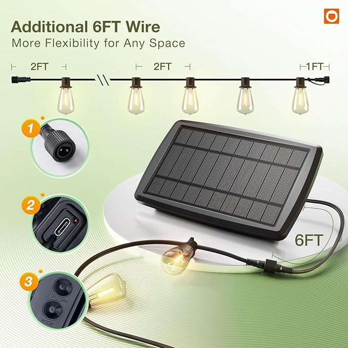 addlon 54(48+6) FT Solar String Lights Waterproof,Patio Lights Solar Powered with Remote& USB Port 24+2 LED Shatterproof Bulbs 3 Lighting Modes Outdoor Lights for Camping Backyard Garden