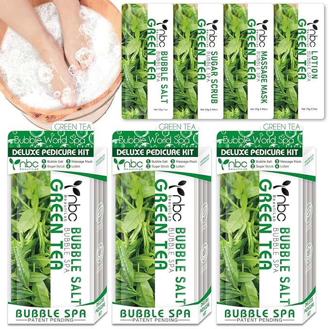Pedicure Kit Foot Soak Set: Bubble Salt, Sugar Scrub, Massage Mask, Massage Lotion in a Box, 4 Step Foot Spa Kit for Dry Feet,Tired Feet（3 Set Green tea)