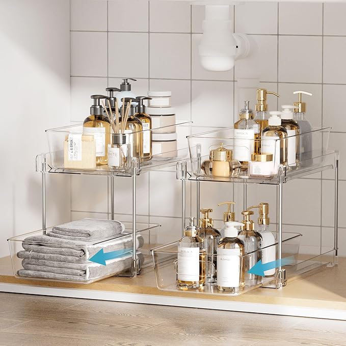 Vtopmart 2 Tier Bathroom Storage Organizer, 2 Pack Clear Under Sink Organizers Vanity Counter Container, Cabinet Drawers Bins, Pull-Out Organization with Track for Pantry, Kitchen