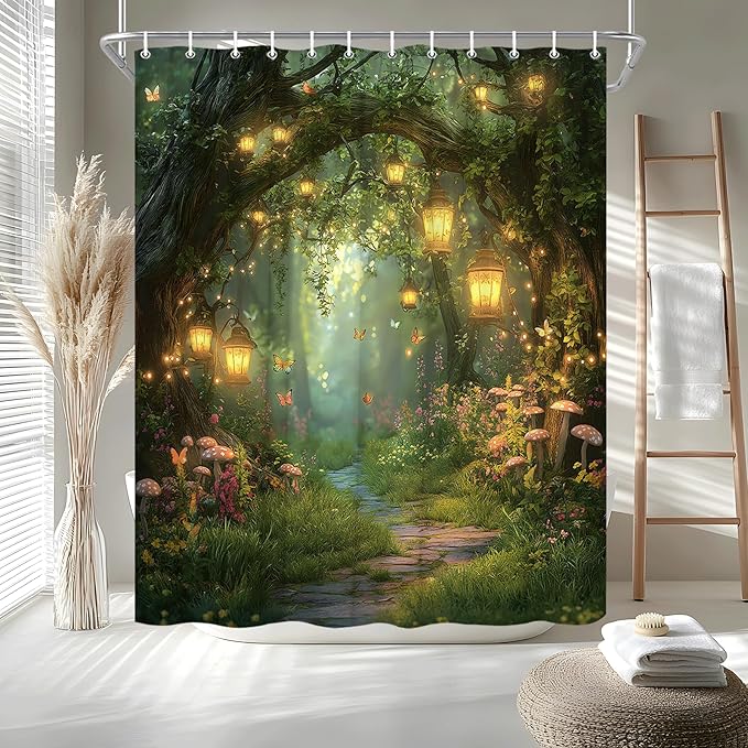 Fantasy Forest Path Shower Curtain Fairy Magical Enchanted Misty Jungle Mushroom Floral Tree Butterfly Lantern Wonderland Plant Bath Curtain Fabric Bathroom Accessories Decor with Hooks 60W x70L