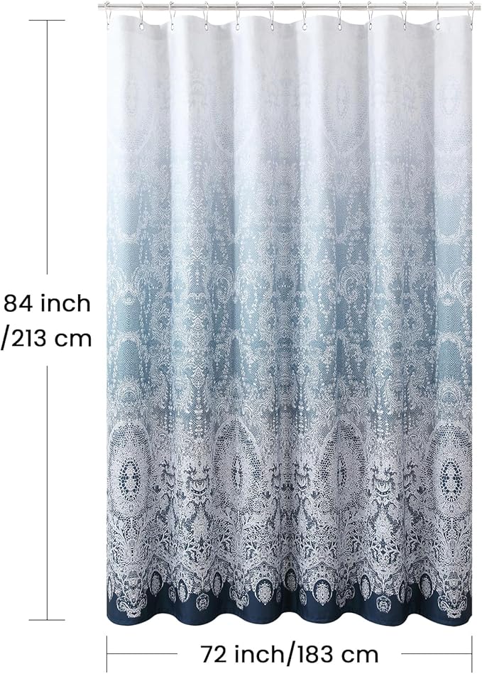 Extra Long Shower Curtain - Chantilly Lace Design, Heavyweight Polyester, Storm Blue to White Ombre, 72" W x 84" H