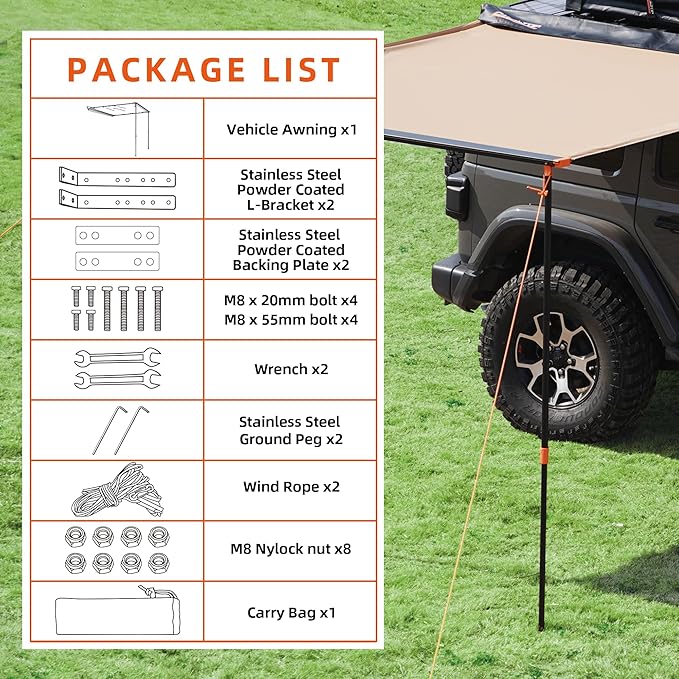 ALL-TOP Vehicle Awning 8.2'x10' Roof Rack Pull-Out Sun Shade UV50+, Weatherproof 4x4 Side Awning for Camping & Overland (Hardware Included)