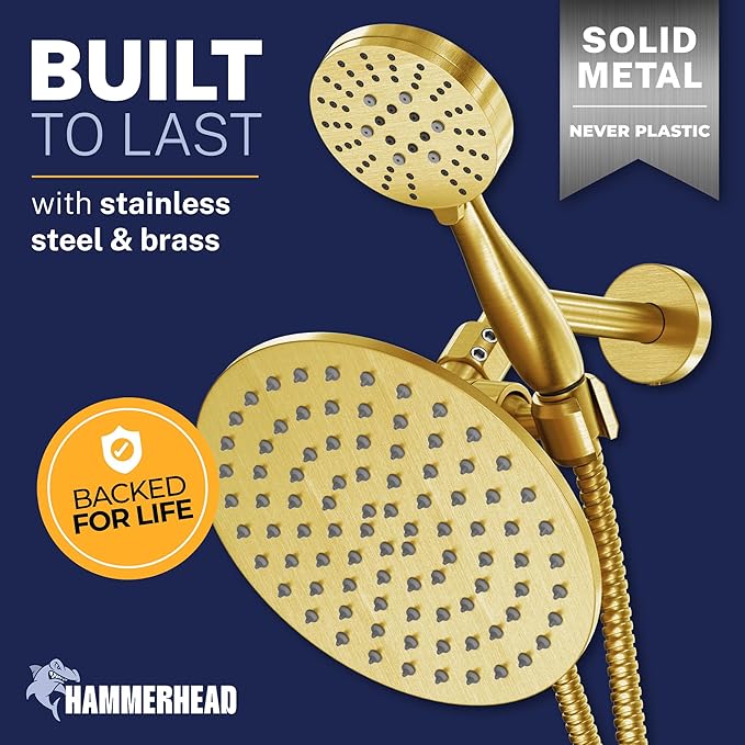 HammerHead Showers® Solid Metal Dual Shower Head Combo – BRUSHED GOLD – 8 Inch Rainfall High Flow Shower Head & 3-Flow Handheld Shower Head High Pressure with Hose 6ft - Luxury Double Shower Heads