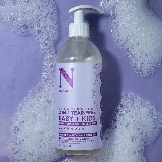 Dr. Natural 3-in-1 Tear-Free Baby Plus Kids Soap - Head-to-Toe Baby Soap and Shampoo - Sensitive Skin Moisturizing Body Wash - Lavender - 16 oz