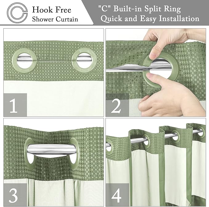 Gibelle Long Shower Curtain 72x80, Waffle Weave Bathroom Shower Curtain with Snap-in Fabric Liner Set, No Hooks Needed, Hotel Style with Mesh Top Window, Sage Green