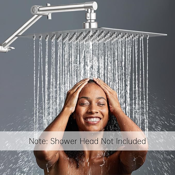 G-Promise 13 Inch Shower Head Extension Arm, Solid Brass Height & Angle Adjustable Extender, Rise or Lower Rainfall and Fixed Shower Head (Brushed Nickel)