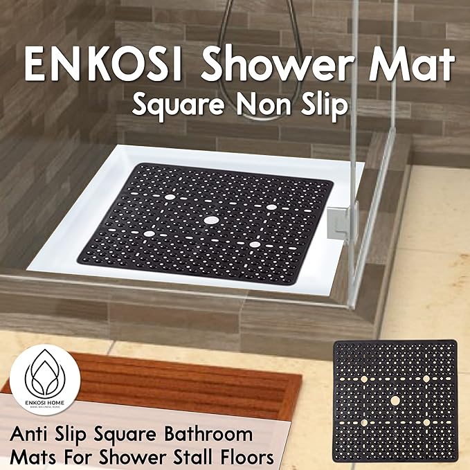 ENKOSI Large 27 x 27 inch Square Non-Slip Shower Mat | Anti Slip Shower Stall Mat for Elderly and Young | Durable Shower Mat with Strong Secure Suction Cups and Drain Holes (27x27 Aqua Green)