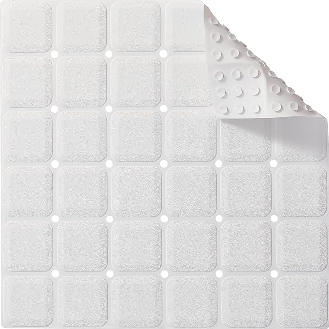 Anti Slip Shower Mat for Tub & Shower Stall, 21" x 21" Square Silicone Bathtub Mat with Powerful Suction Cups, Fast-Draining, Machine Washable Soft Foldable Bathroom Mat, White