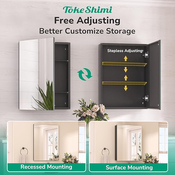 TokeShimi 48x24 Bathroom Medicine Cabinet with Mirror Tempered, Aluminum Black Mirrored Medicine Cabinet Recessed or Surface Mount with Adjustable Storage Metal for Modern Farmhouse