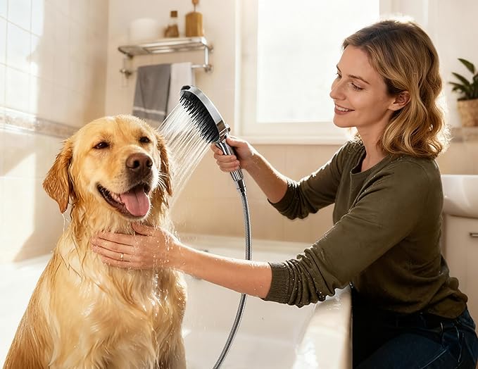 G-Promise 3 Mode Dog Shower Attachment with Pause Mode, Dog shower Sprayer with 100 Inches Stainless Steel Hose, Metal Diverter, Adhesive Holder, for Fast and Easy Dog Bathing and Cleaning(Chrome)