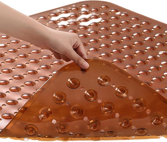 ENKOSI Extra Large Square Non Slip Shower Mat - 31 x 31-inch XL Bathroom Shower Mat - Square Shower Matts for Shower Stall Floors | Secure Suction Cups and Drain Holes (31x31 Clear Brown)