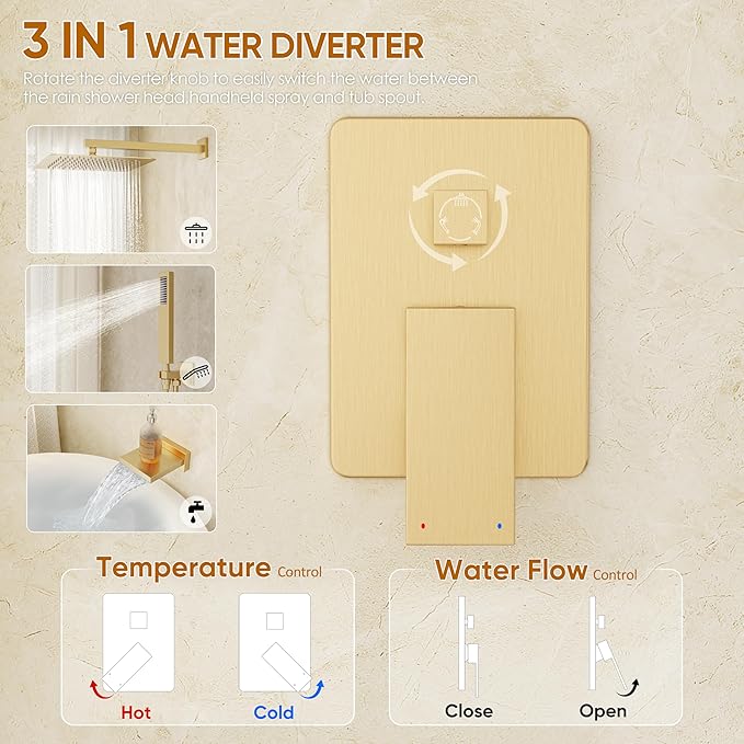 Gold Shower System with Tub Spout, All Metal Tub Shower Faucet Set with 10" Rain Shower Head and Handheld Spray combo, Wall Mounted Tub Shower Systems with Valve and Trim Kit, Brushed Gold