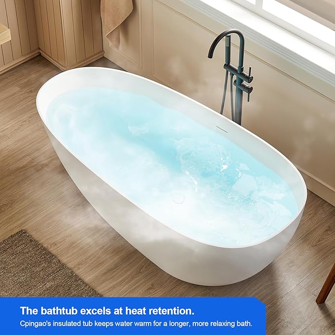 Cpingao 71" Solid Surface Freestanding Bathtub, Egg Shell Stone Resin Freestanding Soaking Tubs with Pop-up Drain and Overflow, Matte White 8848-1800