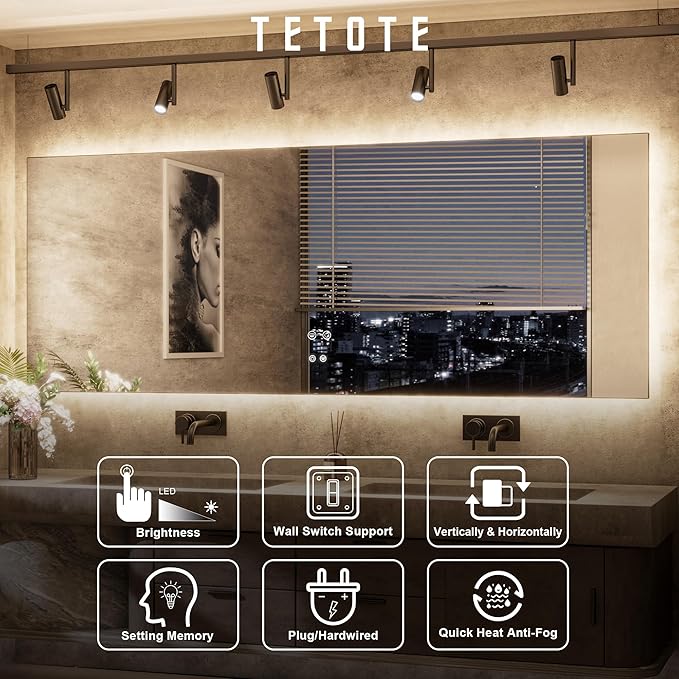 TETOTE 48 x 36 Inch LED Backlit Bathroom Mirror with Lights, 3Color White/Warm/Natural, Anti-Fog Lighted Mirror,Dimmable,Vanity Mirror,Wall Mounted