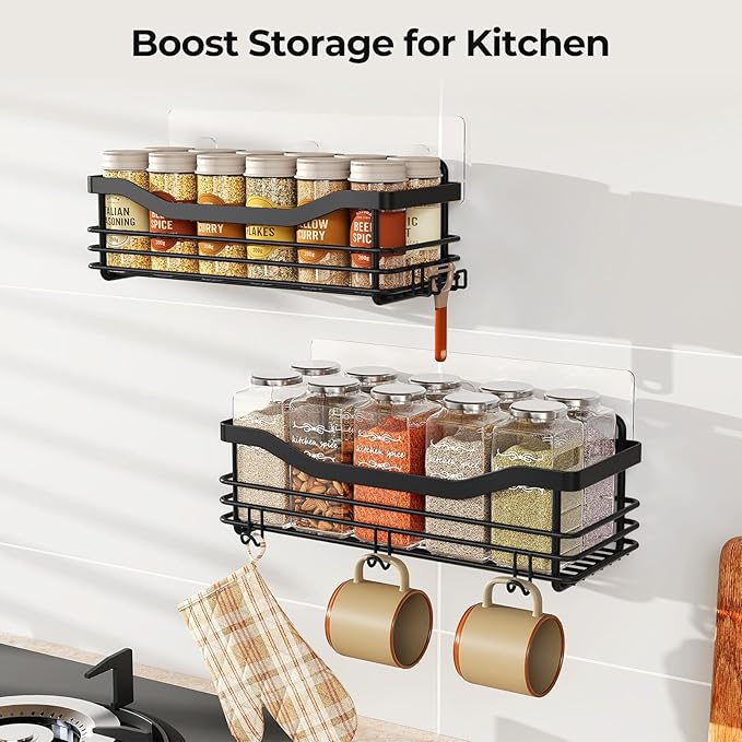 Orimade Adhesive Shower Caddy Shelf with 5 Hooks Organizer Storage Rack Rustproof Wall Mounted Stainless Steel No Drilling for Bathroom, Toilet, Kitchen - 2 Pack,Black