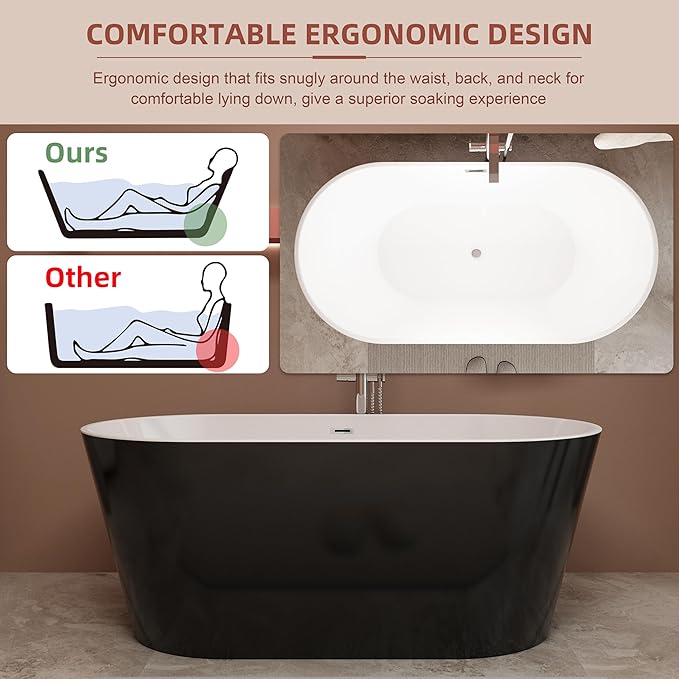 Black 67 inch Freestanding Soaking Bathtub, WHALEKING Modern Stand Alone Free Standing Acrylic Tub with Center Drain & Overflow