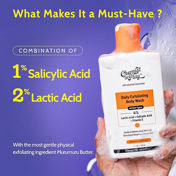 Chemist At Play Body Wash Exfoliating For Dry Rough Bumpy Strawberry Skin With 1% Salicylic Acid 2% Lactic Acid And Ceramides For Men And Women 15.9 Fl oz