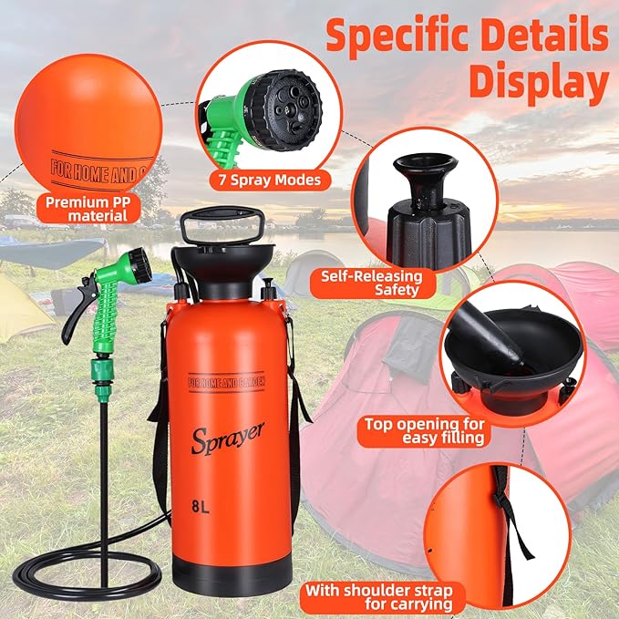 Finderomend Portable Shower for Camping with 7 Spray Modes, Hand Press Camping Shower with Removable Hose and Shower Head,Pressure Rinse Kits for Hiking Traveling Garden Beach Pet Shower