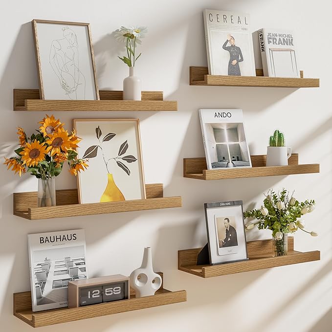 Heimlove Floating Shelves Set of 6, 16" Wall Mounted Picture Ledge, Display Shelf Organizer for Decor Storage, Wall Mounted Shelves for Living Room, Bedroom, Bathroom, Kitchen (Oak)