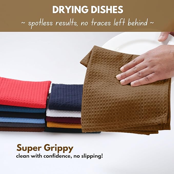 Native Fab Waffle Weave Dish Towels 12 Pack 100% Cotton, 16x26 Inches, Super Absorbent, Quick Dry, Waffle Knit Dishcloths with Hanging Loop, Washable for Kitchen Cleaning, Drying Dishes, Brown