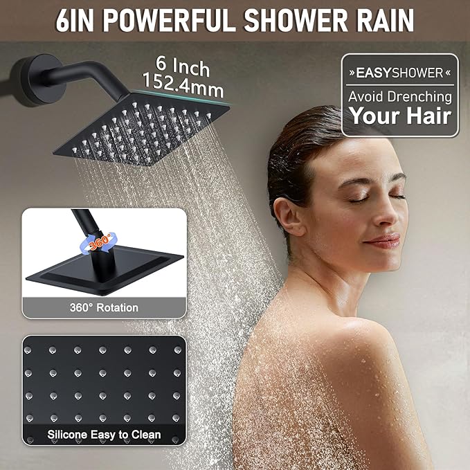Shower Faucet Set Matte Black Shower System, Push Button Diverter 3-Way Shower Valve Kit, Wall Mount 12 Inch Overhead Shower Head with 6 Inch Side Spray Shower Head, 4 Modes Flow Handheld Shower
