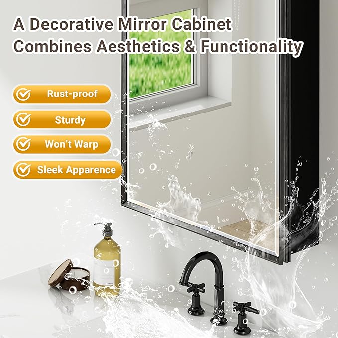 60x30 Pre-Assembled Black Medicine Cabinet with Mirror, Surface or Recessed Medicine Cabinet Mirror for Bathroom, Aluminum Beveled Frame Bathroom Vanity Mirror with Adjustable Shelves Storage