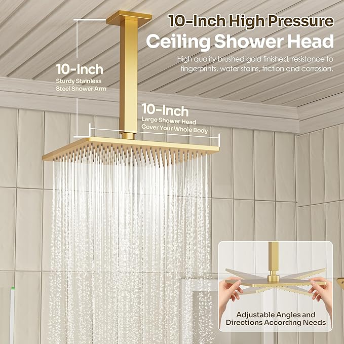 Gold Shower Faucet Set, Brushed Gold Shower System, 10'' Ceiling Shower Head and 6'' Wall Mounted ShowerHead, Dual Gold Shower Head with Handheld Combo, 3 In 1 Push Button Shower Diverter Valve