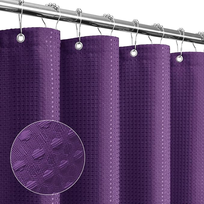 Gibelle Long Shower Curtain 72 x 78, Tall Waffle Weave Textured Fabric Shower Curtain for Bathroom, Water Repellent, Machine Washable, Purple