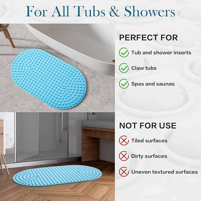 Silicone Bathtub & Shower Mat Non Slip, Bubble Massage Anti Slip Shower Floor Mat with 27 x 15 Inches for Easy Storage, Machine Washable Bath Mat for Tub with All Ages, Blue, Oval