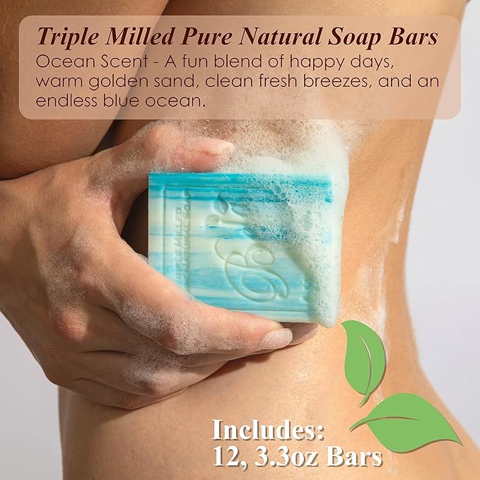 BELA Ocean Soap 3.3 OZ, Pack of 12, Long Lasting French Triple Milled Bar Soap with Organic Shea Butter, Hand Face, and Body Wash Bar, Made in Australia