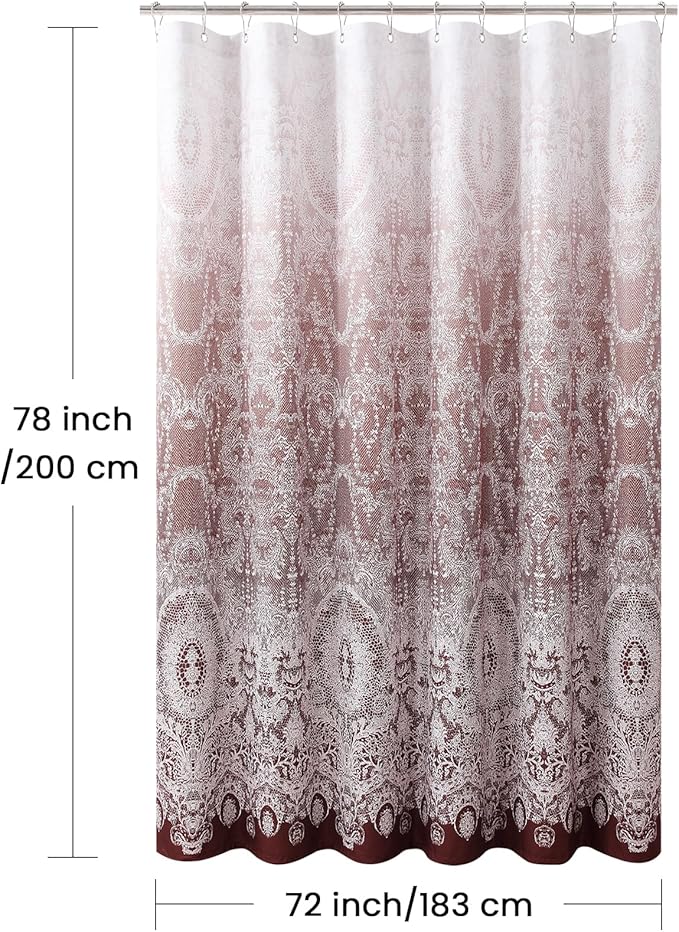 78 Inch Long Shower Curtain - Chantilly Lace Design, Heavyweight Polyester, Burgundy to White Ombre, 72" W x 78" H