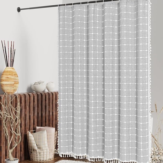 MitoVilla Grey Boho Shower Curtains for Modern Farmhouse Bathroom Decor, Country Thick Polyester Linen Fabric Shower Curtain, Rustic Tassel Cloth Shower Curtain, 72 x 72, Light Grey