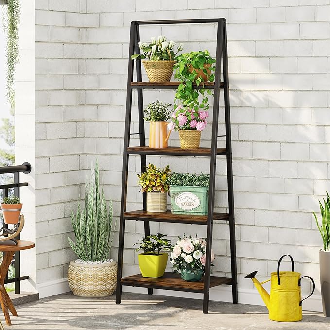 Homeiju 4-Tier Leaning Ladder Bookshelf, Rustic and Wood Ladder Shelf Bookcase, Industrial Ladder Shelf Storage Rack for Home Office, Bedroom, Bathroom or Kitchen