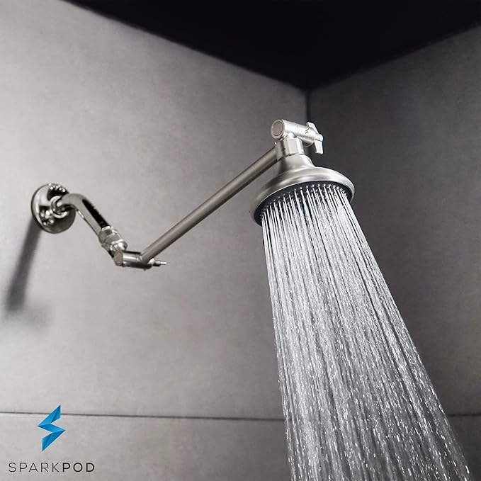 SparkPod 11" Solid Brass Shower Head Extension Arm - Flexible Height & Angle Adjustable Shower Arm Extension for Rain Showerheads with Sturdy Lock - Universal Pipe Connection (Elegant Brushed Nickel)