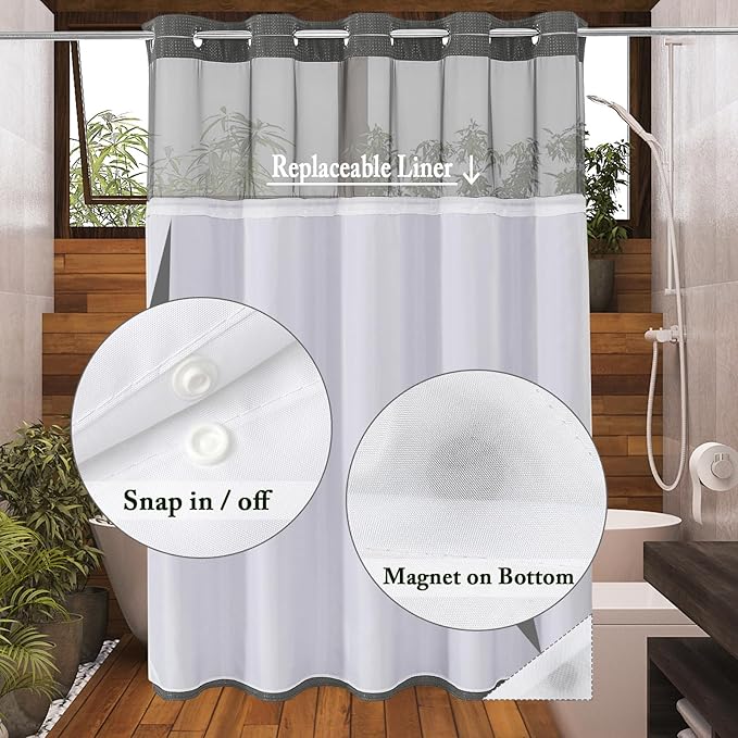 Gibelle No Hook Waffle Weave Shower Curtain with Snap-in Fabric Liner Set for Bathroom, Hotel Style with Mesh Top Window, Waterproof & Washable, Charcoal Grey, 72x74
