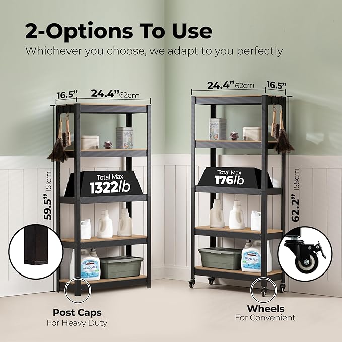 HOMEDANT House 5-Tier Metal Rolling Cart Shelf Rack Casters Heavy Duty Laminated Wheel Shelving Unit Adjustable Utility Storage Shelves Organizer Shelf Kitchen Garage (4, (S) 24.4" W, Black)