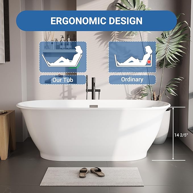 67 in Acrylic Freestanding Bathtub, Soaking Bathtub with Matte Drain and Overflow, Modern Square Tub, Deep Ergonomic Design, CUPC Certified, Double-Walled Insulation, Easy Install and Safe Use, White