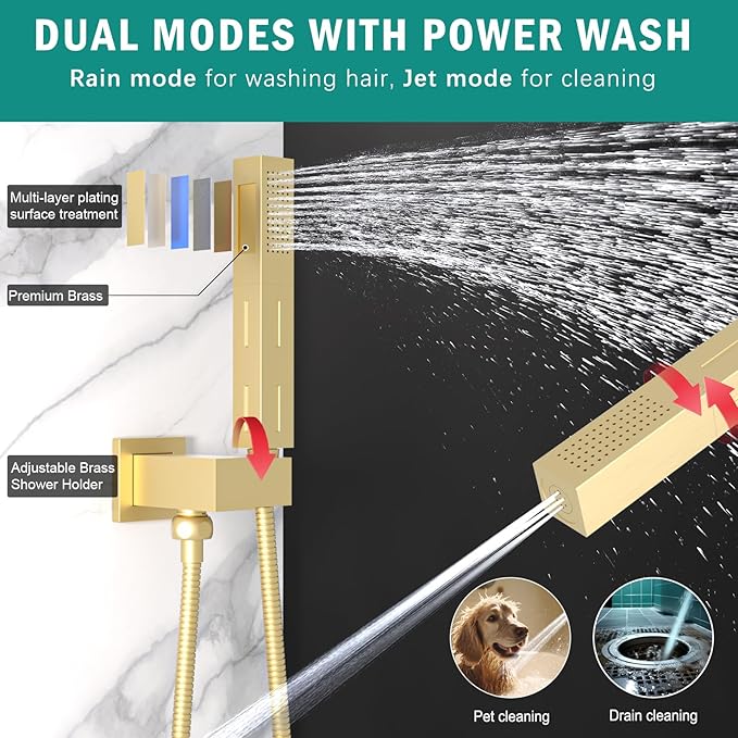 Enga Shower Faucet Set, Dual Shower Head System with Body Jets, 10" & 6" Rain Showerheads with 4 Jets, 2 in 1 Handheld Spray, 4 Way Shower Diverter, Brushed Gold