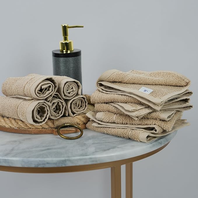Tens Towels Pack of 12 Washcloths, 12 x 12 Inches, Lighter Weight, Quick to Dry, Super Soft & Absorbent, Gentle Face Towels, Hotel Quality, Perfect for Bathroom, Gym, Spa (Beige, 12 Pack)