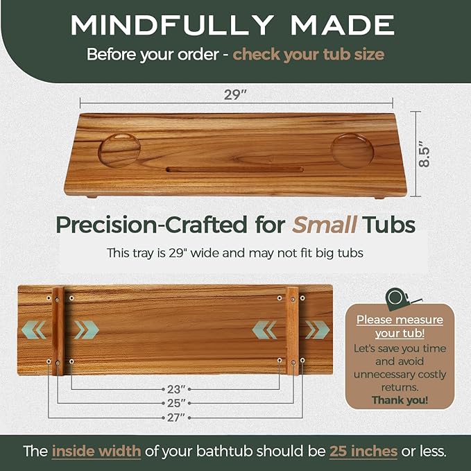 Fjord | Superior Teak Bathtub Tray Wood 29" for Small Tubs | Adjustable Wooden Bathtub Caddy | Sustainable Minimalist Bath Table Tray for Home Spa | by JapandiSpirit