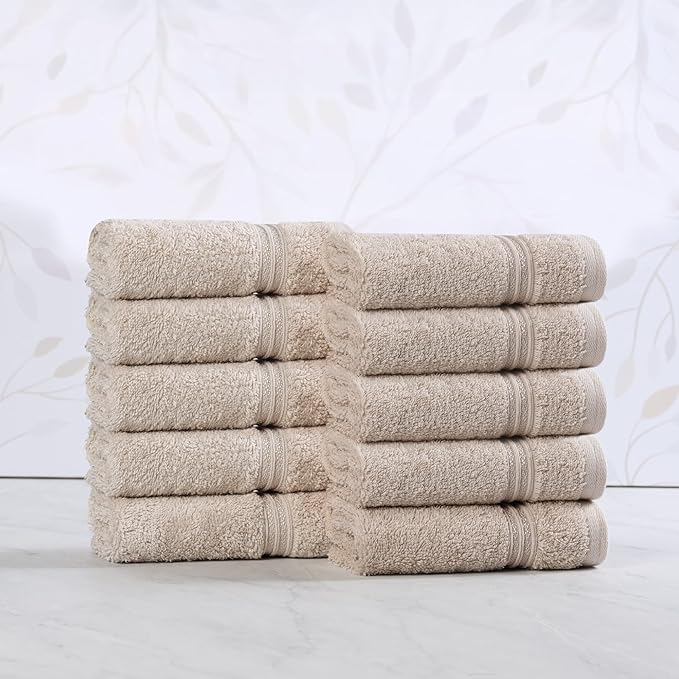 Superior Egyptian Cotton Face Towel/Washcloth Set, Small Towels for Home Bathroom, Master, Guest Bath, Decor Essentials, Quick Dry, Absorbent, Spa, Hotel, Resort, Adult, Kids, Set of 10, Stone