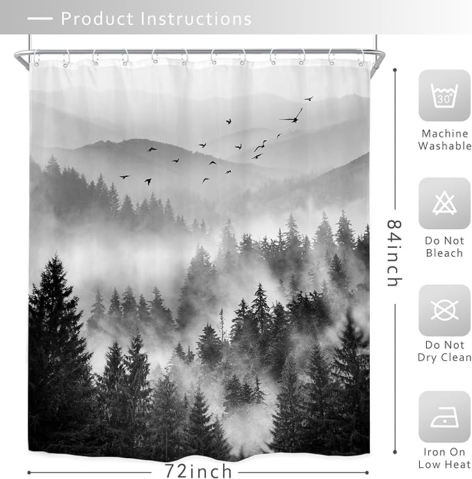 Riyidecor Extra Long Black and White Shower Curtain 72Wx84H Inch Misty Nature Mountain Tree Foggy Scene Alpine Natural Botanical View Pine Wood Bathroom Decor Fabric Polyester Waterproof 12 Pack Hooks