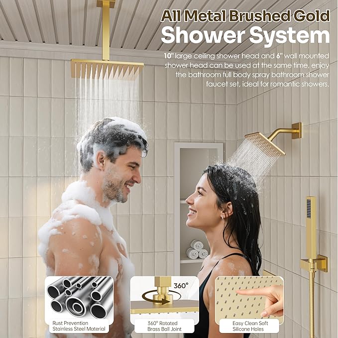 Gold Shower Faucet Set, Brushed Gold Shower System, 10'' Ceiling Shower Head and 6'' Wall Mounted ShowerHead, Dual Gold Shower Head with Handheld Combo, 3 In 1 Push Button Shower Diverter Valve