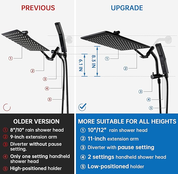 G-Promise All Metal 10 Inches Rain Shower Head with Handheld Built-in Power Wash Mode, 3-way Diverter with Pause Setting, 11 Inches Adjustable Extension Arm with Lock Joint, Long Hose (Matte Black)