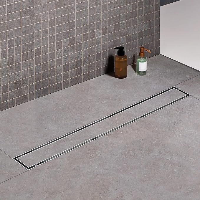 Offset Linear Shower Drain, Shower Drain 48 inch with 2-in-1 Tile Insert Cover, Brushed AISI 304 Stainless Steel Side Outlet Shower Floor Drain with Hair Catcher and Adjustable Feet
