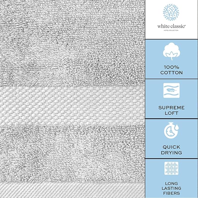 White Classic Luxury Bath Towel Set of 8 Pieces - 100% Turkish Cotton Highly Absorbent Towels for Bathroom, 2 Luxury Bath Towels 700GSM, 2 Hand Towels, 4 Washcloths, Silver