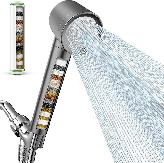 Filtered Shower Head with Handheld, High Pressure Water Flow and Multiple Spray Modes Shower Head with Filter, Power Wash for Hard Water, Showerhead with ON/OFF Switch for Pets Bath (Stone Gray)